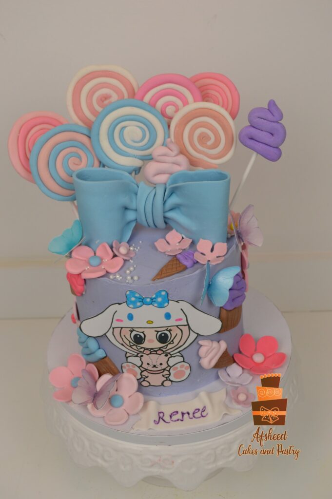 Whimsical purple birthday cake decorated with Labubu edible print, Sanrio theme, and handmade sugar flowers and candy