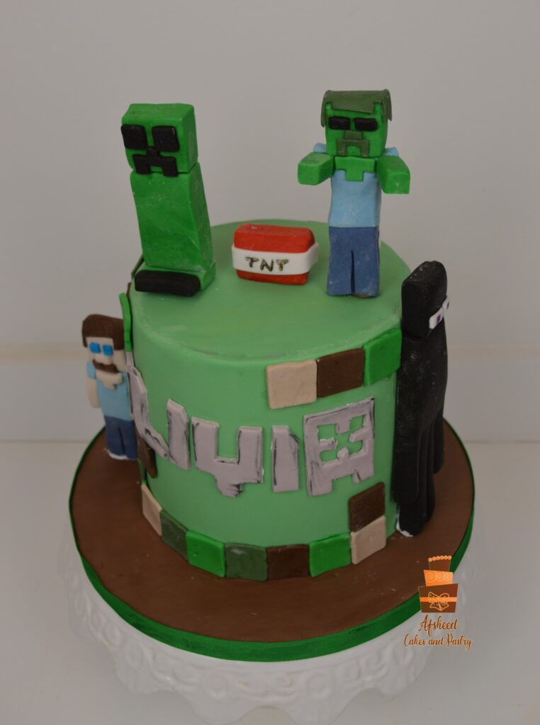 Edible Minecraft cake design with blocks, Creepers, and TNT for a Calgary boy’s birthday celebration.